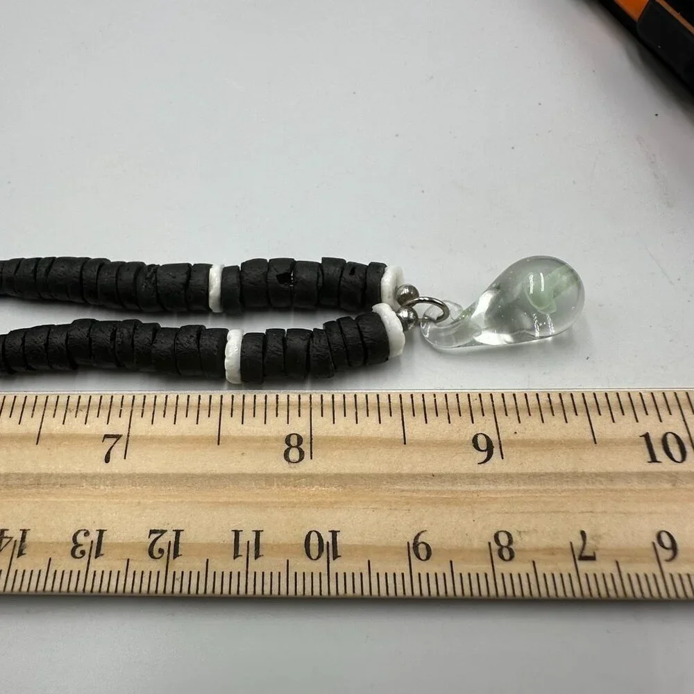 Black Beaded Necklace Glass Mushroom Pendant Mens Surfer Style 18 Inch